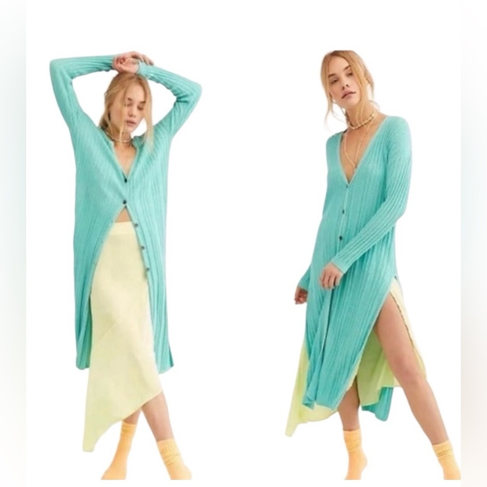 FREE PEOPLE ribbed knit long sleeve beachy boho duster side slit cardigan sz S